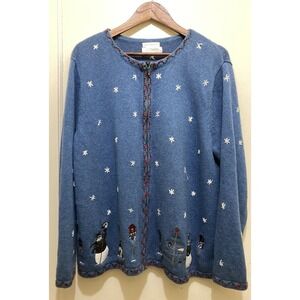CJ Banks Christmas Zip Up Cardigan Sweater Womens 2X Blue Snowman Grandmacore